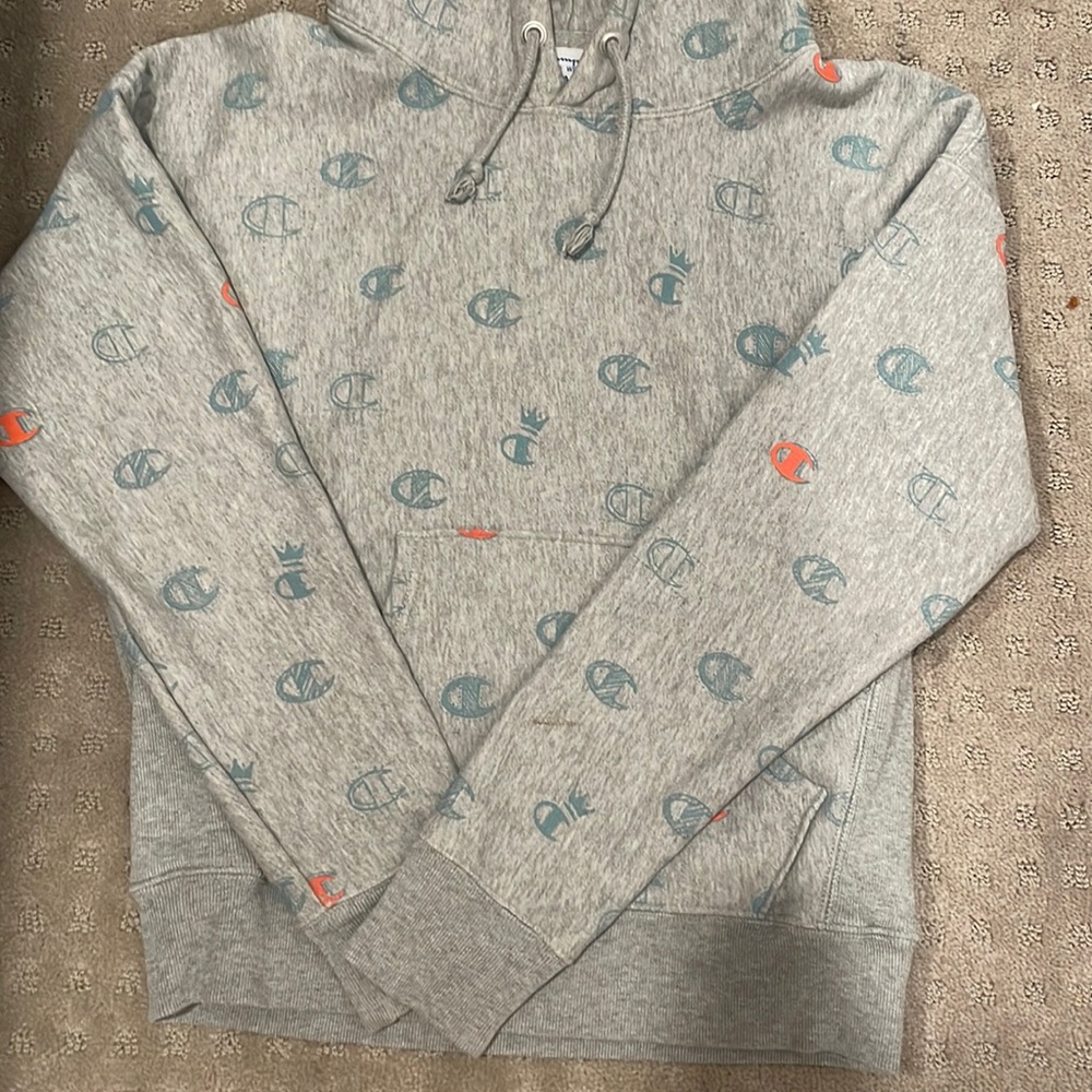 Champion grey, blue, and orange hoodie. Nothing is stained or ripped.